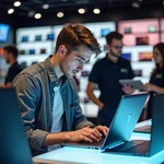 Customer examining laptops in an electronics store