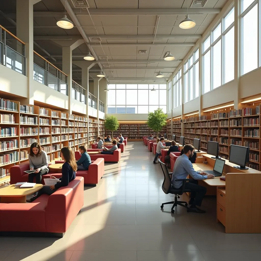 Modern library interior with digital amenities