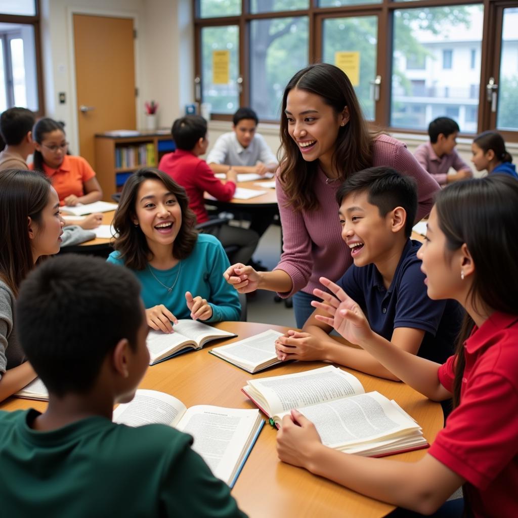 Students discussing literature in a classroom