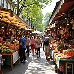 Bustling local food market with diverse stalls and shoppers