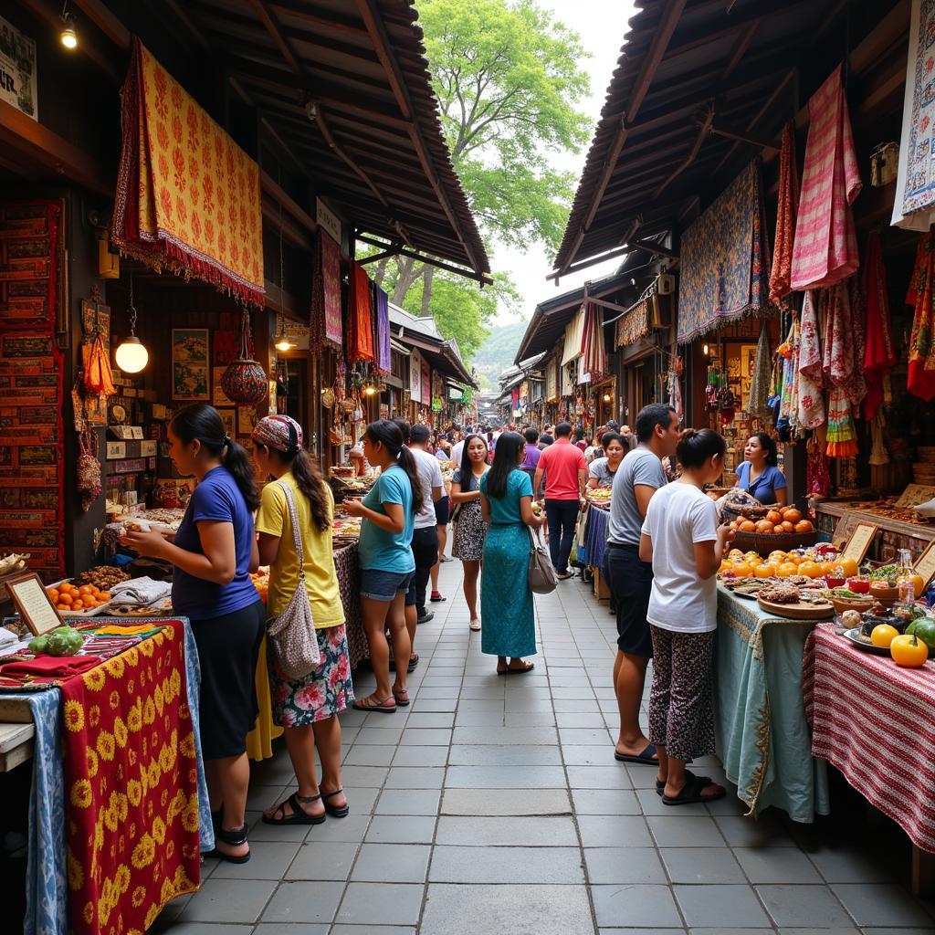 Tourists interacting with local vendors at a bustling market in Bali 