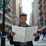 Man reading paper map in city