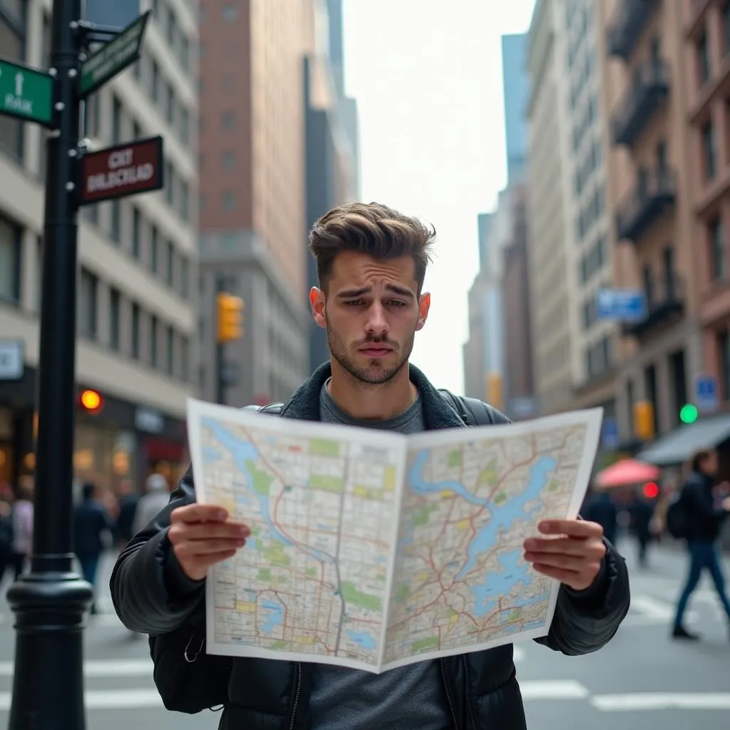 Man reading paper map in city