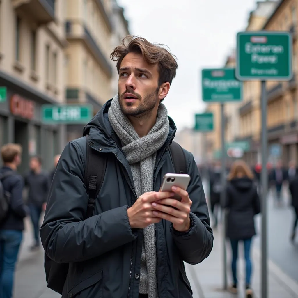 Lost traveler using smartphone GPS in unfamiliar city