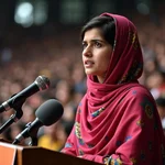 Malala Yousafzai speaking at a podium