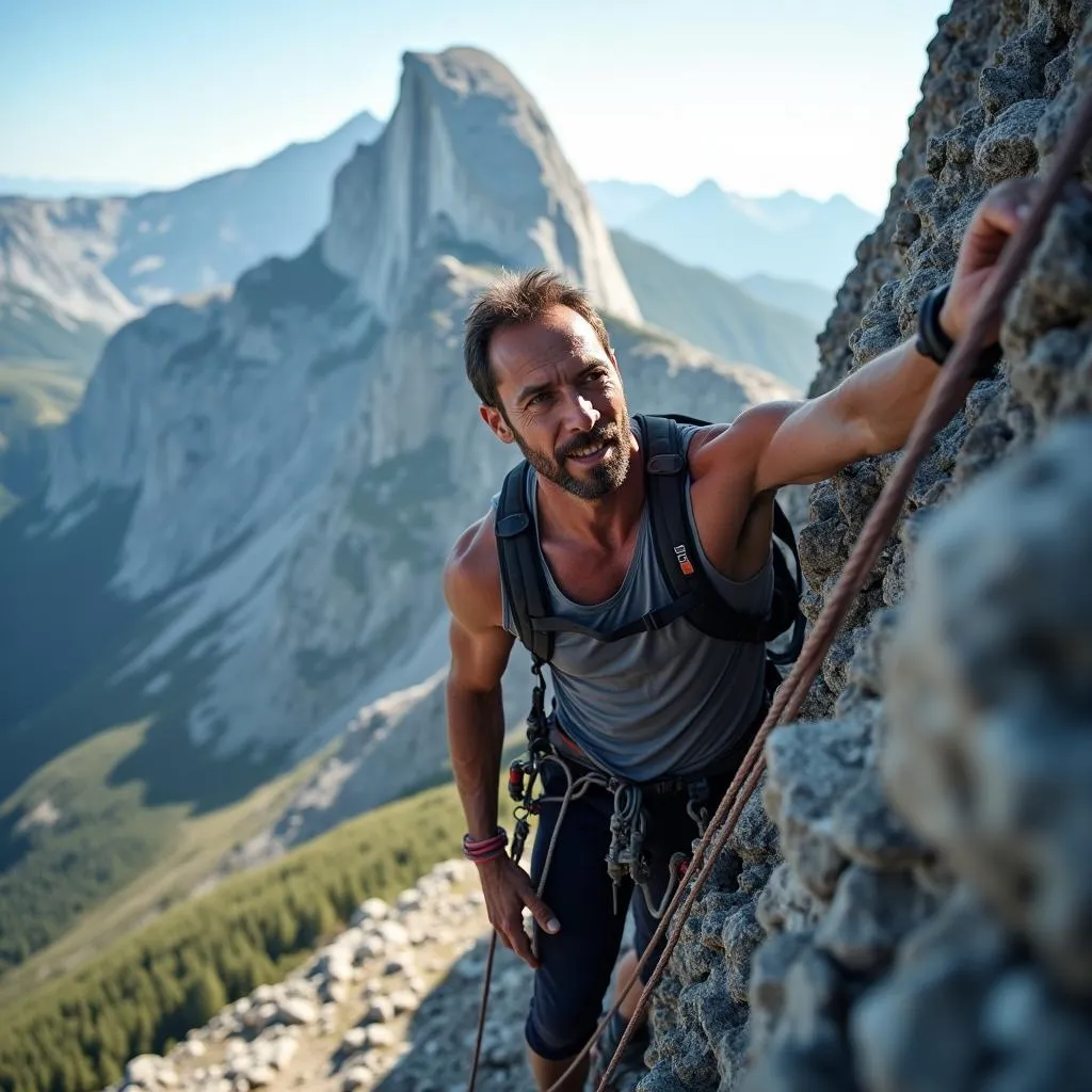 A man climbing a steep mountain