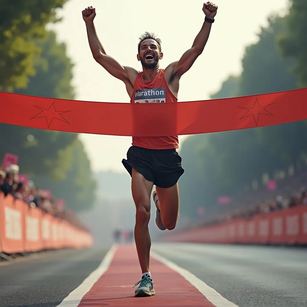 Marathon runner crossing the finish line, feeling a sense of accomplishment.