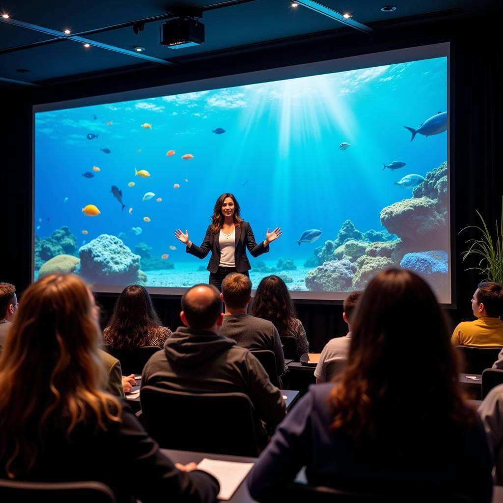 Marine biologist giving inspiring presentation on ocean conservation