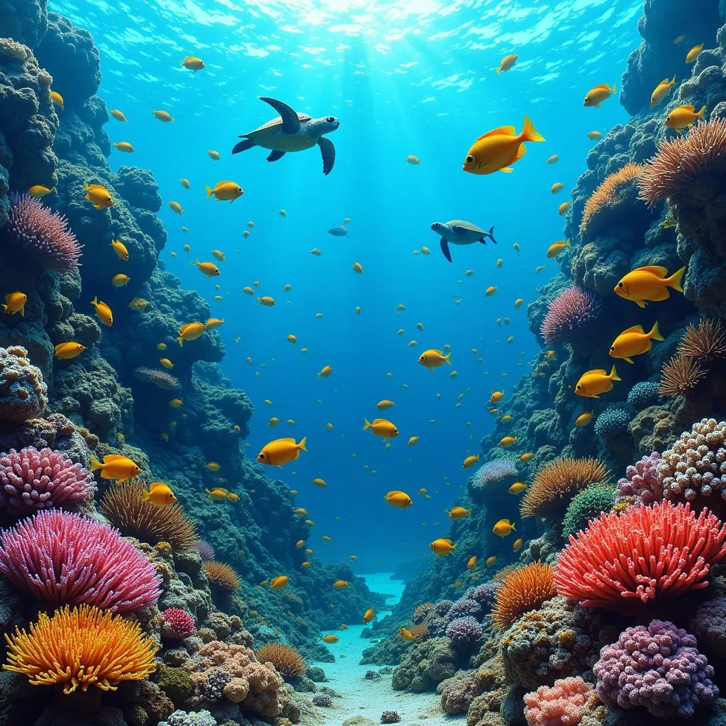 Diverse marine life in a coral reef ecosystem