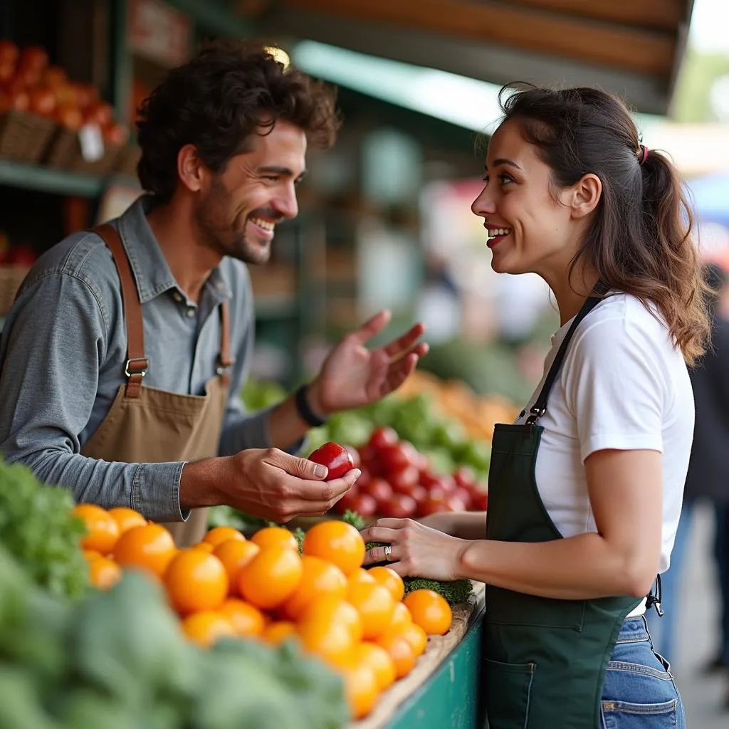 Market vendor interacting with customer