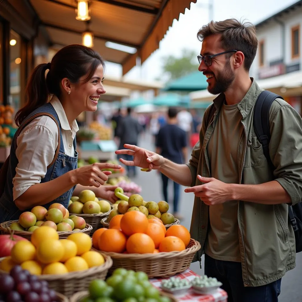 Market vendor interacting with customer