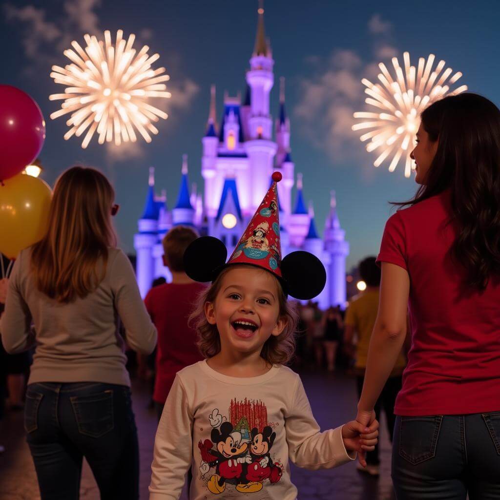 A child celebrating their 10th birthday at Disneyland with family and friend