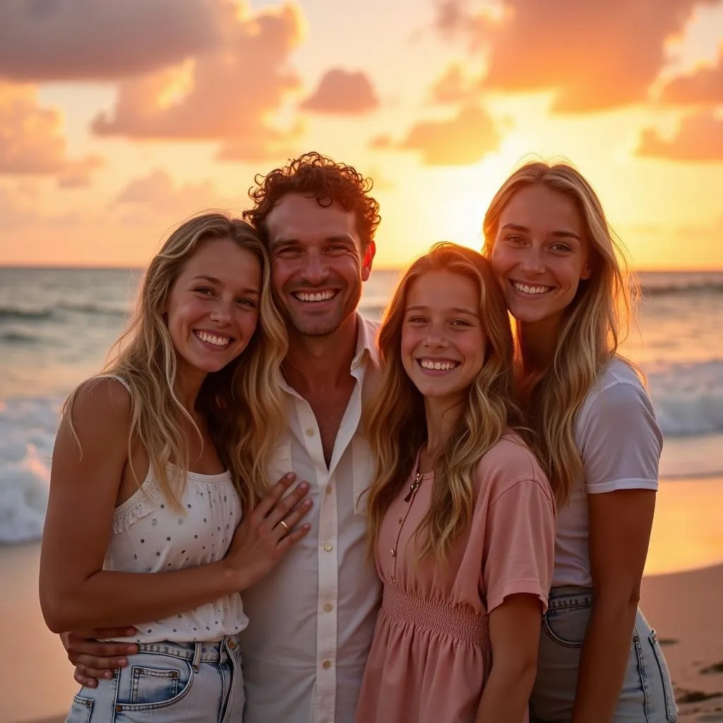 A family photo taken at sunset on a beach