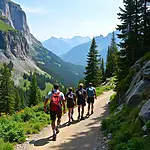 A group of hikers on a scenic mountain trail