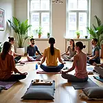 Mindfulness workshop participants meditating in a group setting