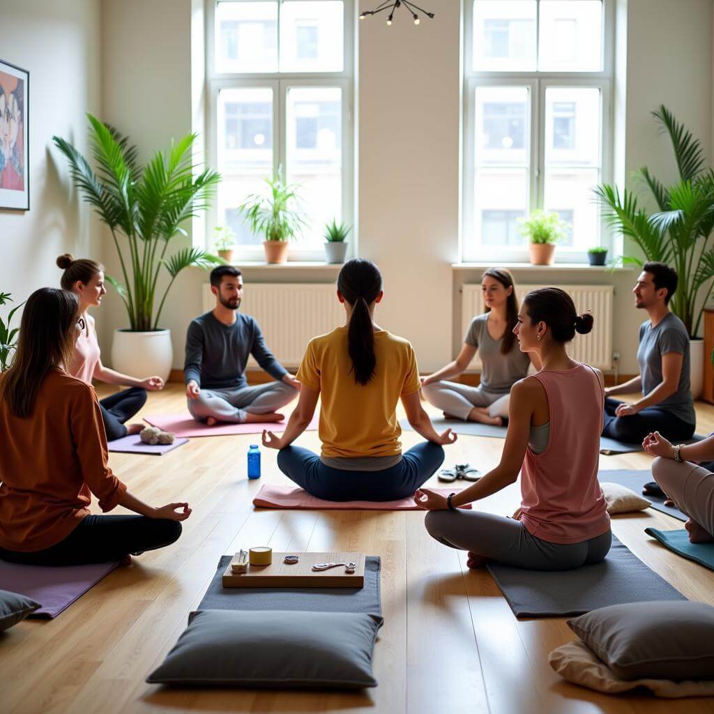 Mindfulness workshop participants meditating in a group setting