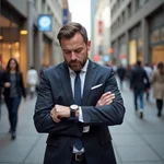 Man checking watch worriedly after missing important event