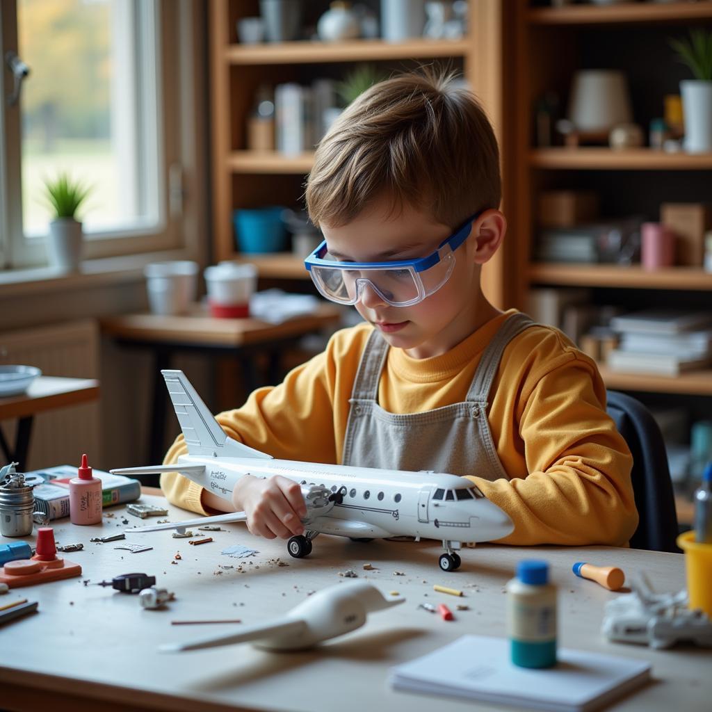 Child building model airplane