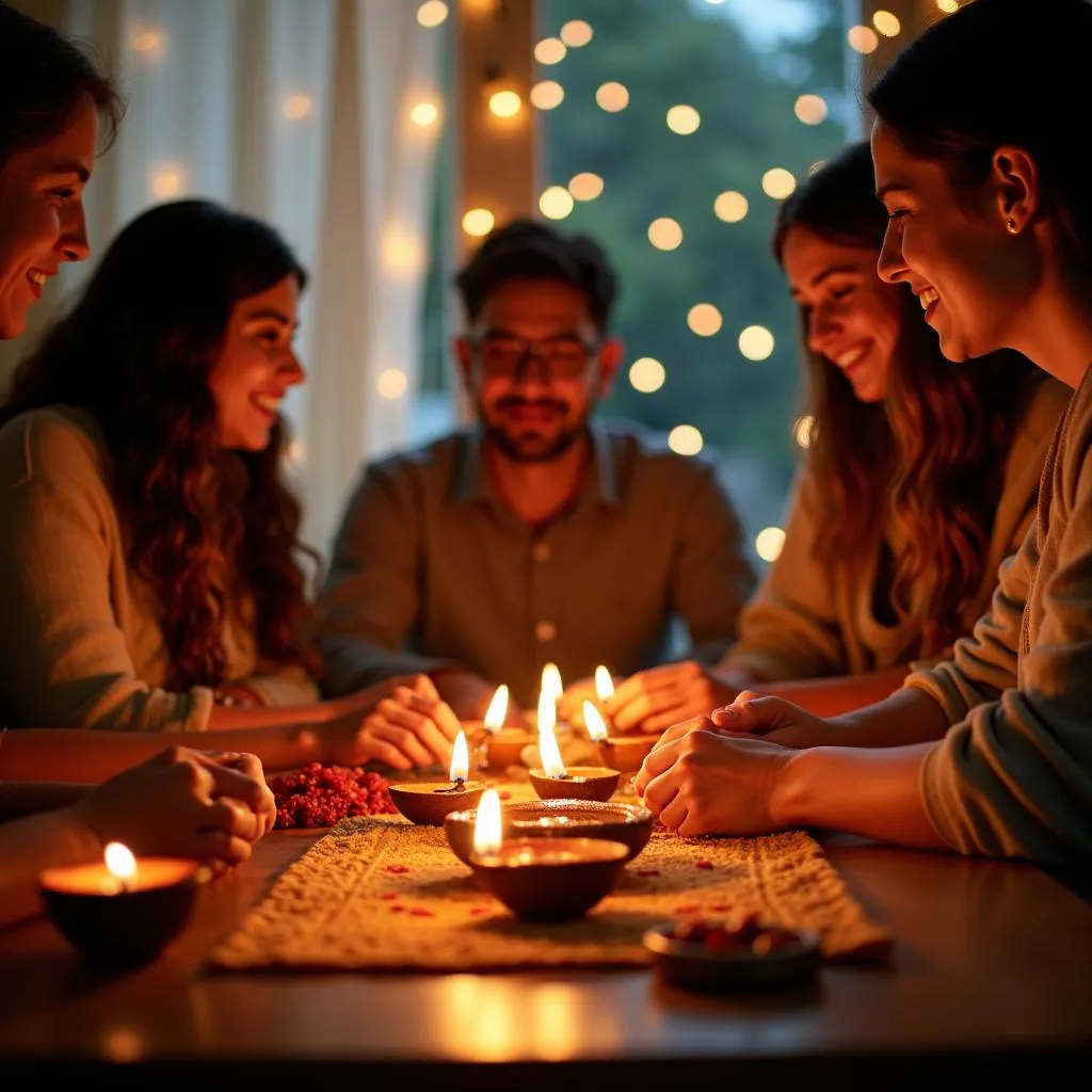 People celebrating Diwali with LED lights and eco-friendly decorations.