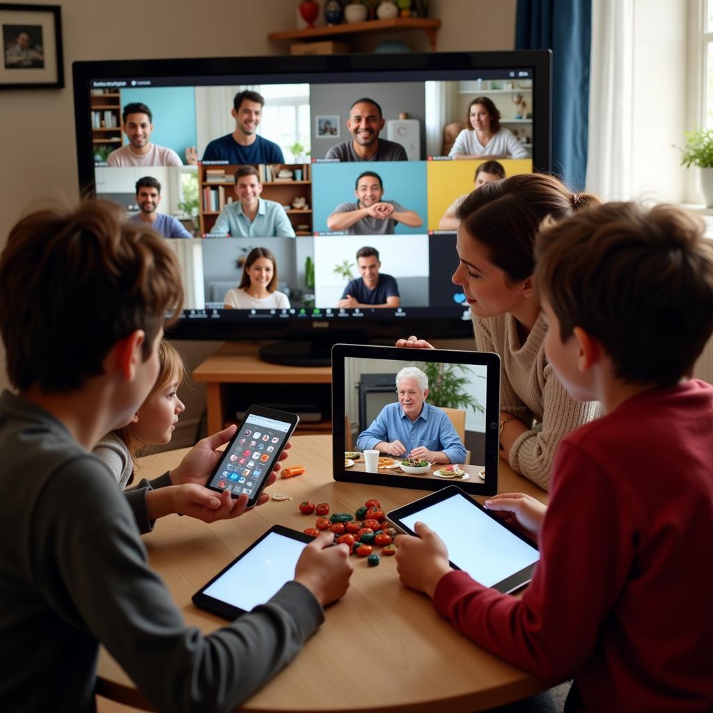 Modern family maintaining tradition through virtual gathering