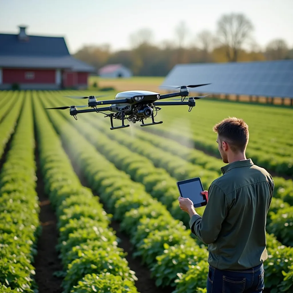 Modern farm technology with drone spraying crops