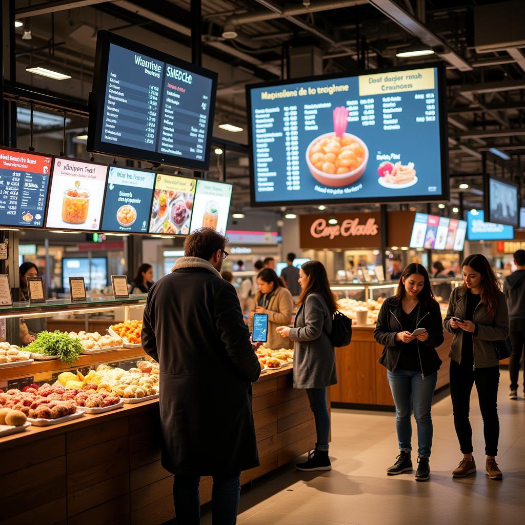 Modern food market with digital displays and payment systems