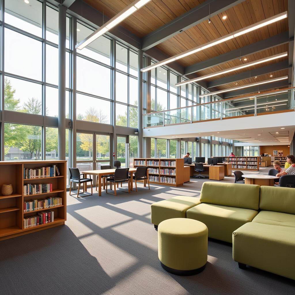 Modern library interior with digital resources and community spaces