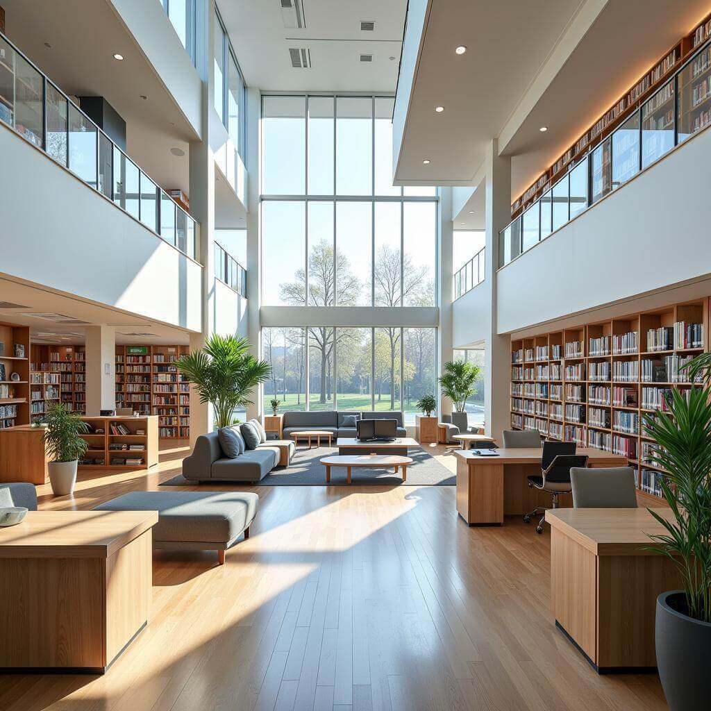 Modern library interior with natural light