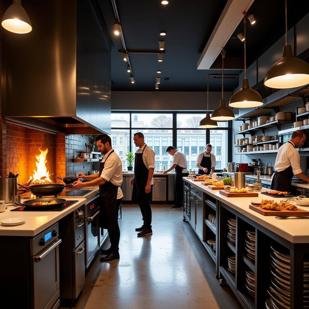 High-tech restaurant kitchen with traditional and modern cooking methods