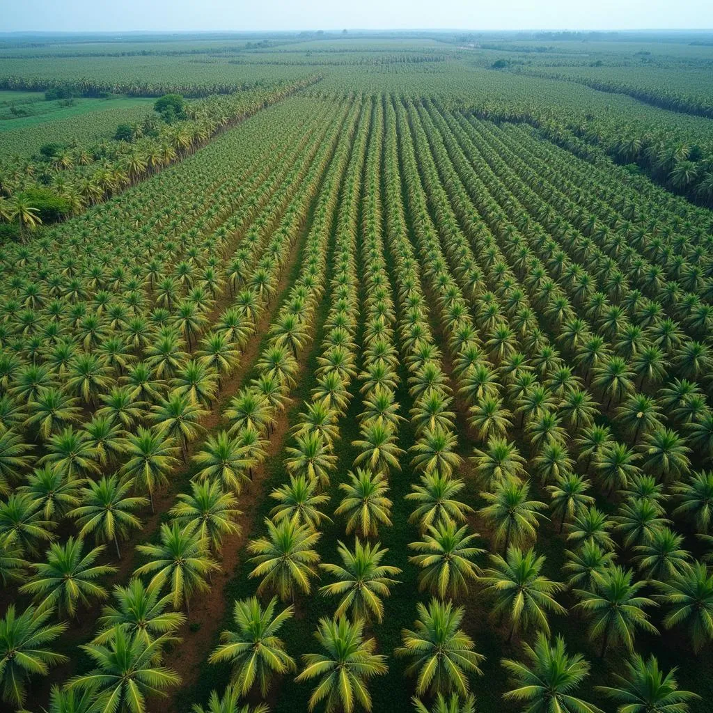 Aerial view of a monoculture coconut plantation