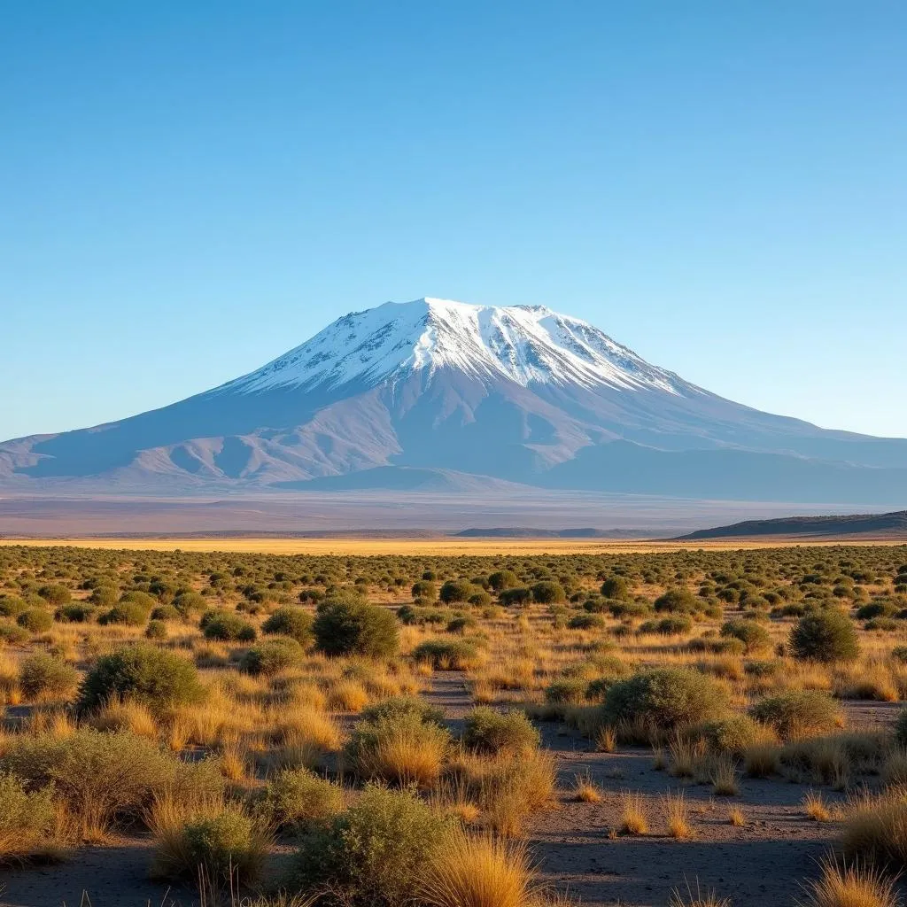 Mount Kilimanjaro's snow-capped peak rising from savannah