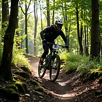 Mountain biker riding through a forested trail