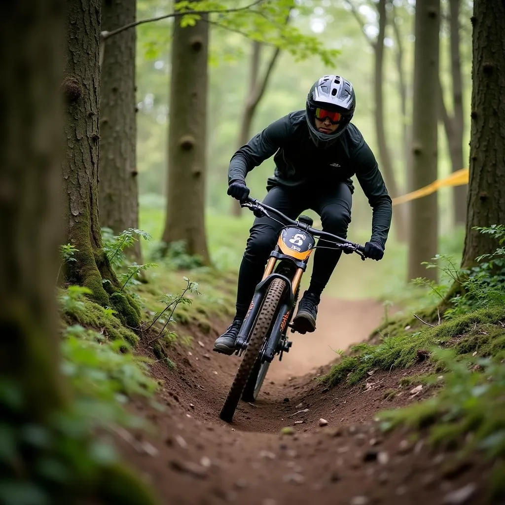 Mountain biker navigating a challenging forest trail