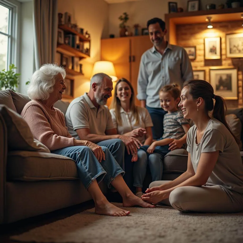 Multi-generational family gathering in living room