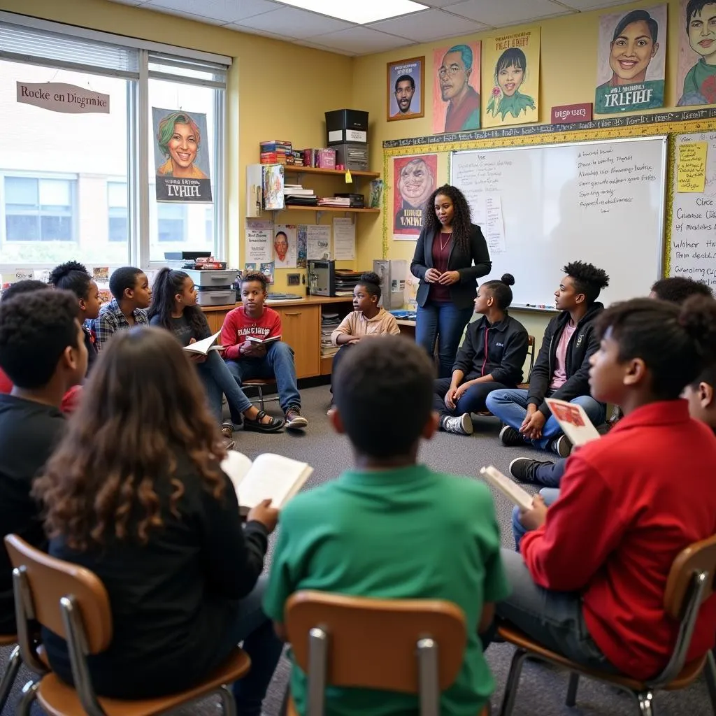 Students discussing multicultural literature in classroom