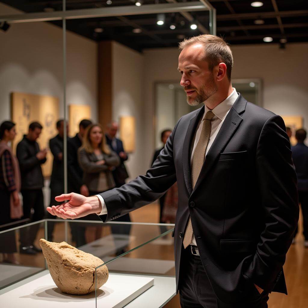 Museum curator explaining an artifact