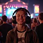 Music enthusiast enjoying music with headphones at a concert