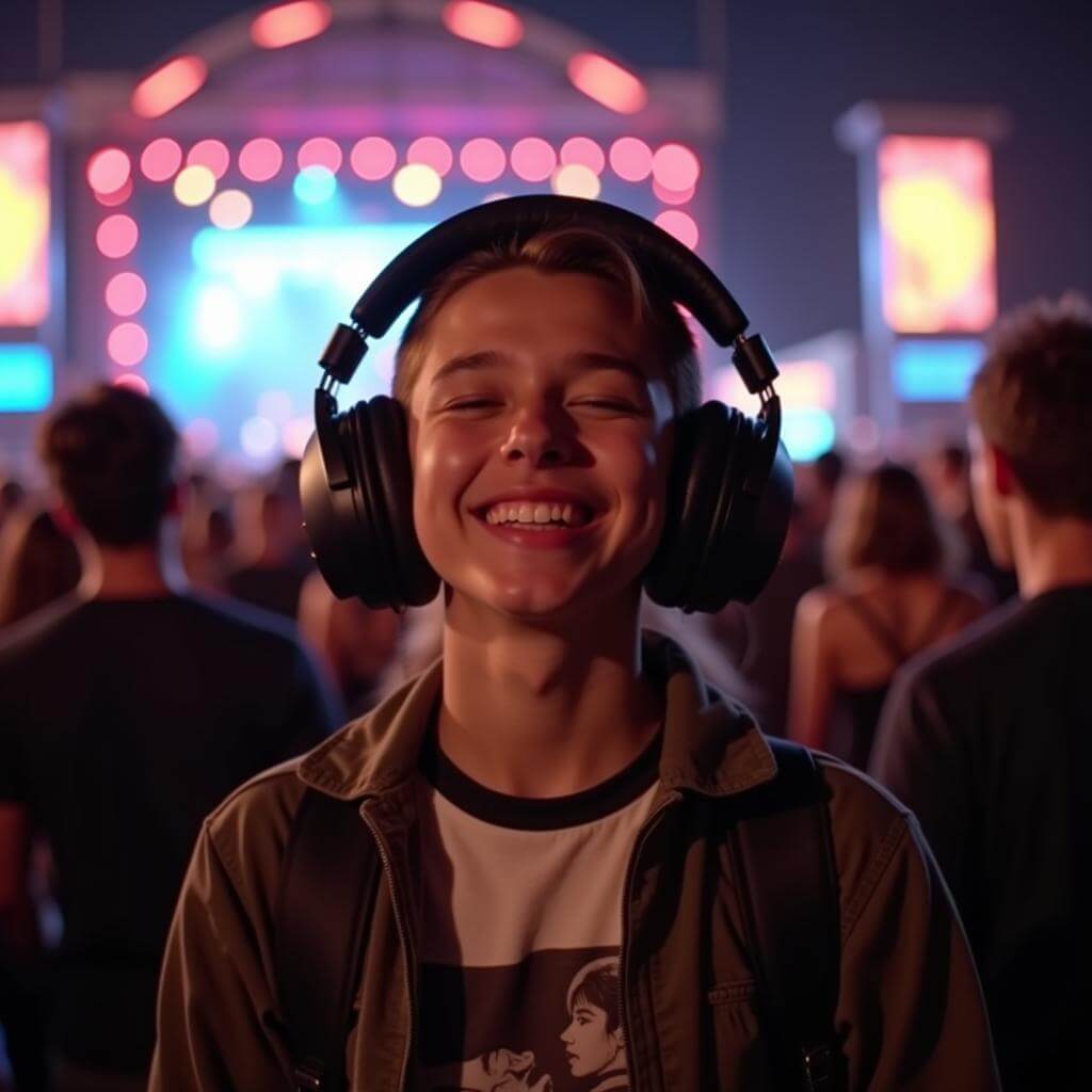 Music enthusiast enjoying music with headphones at a concert