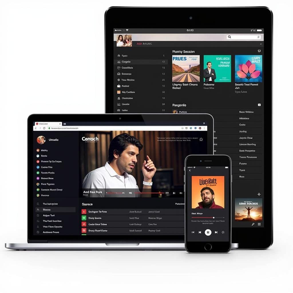 Various devices showing music streaming platforms