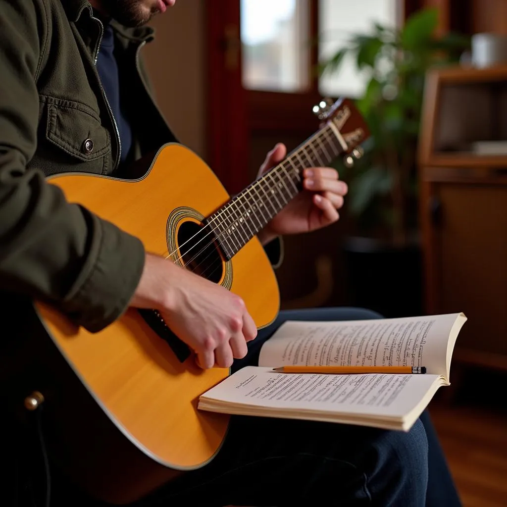 Musician composing music with guitar