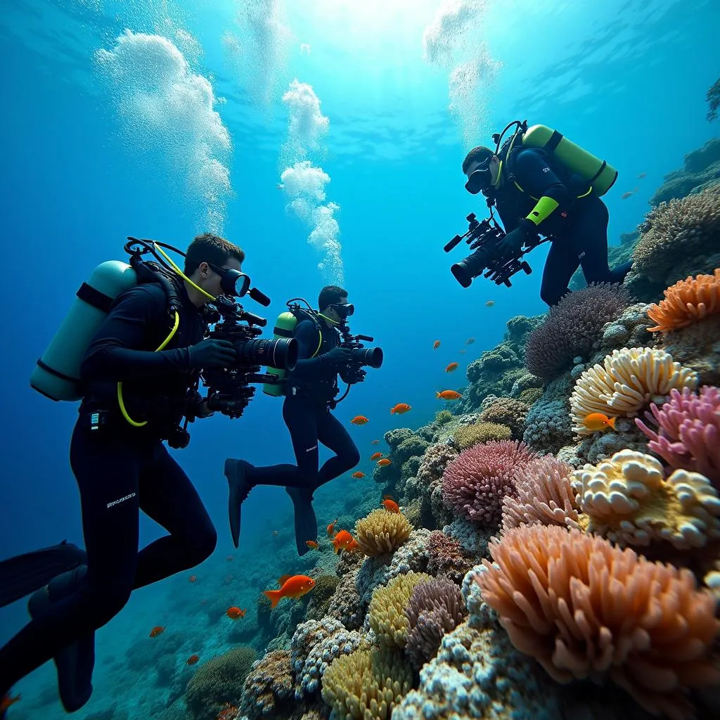 Nature documentary crew filming underwater scene