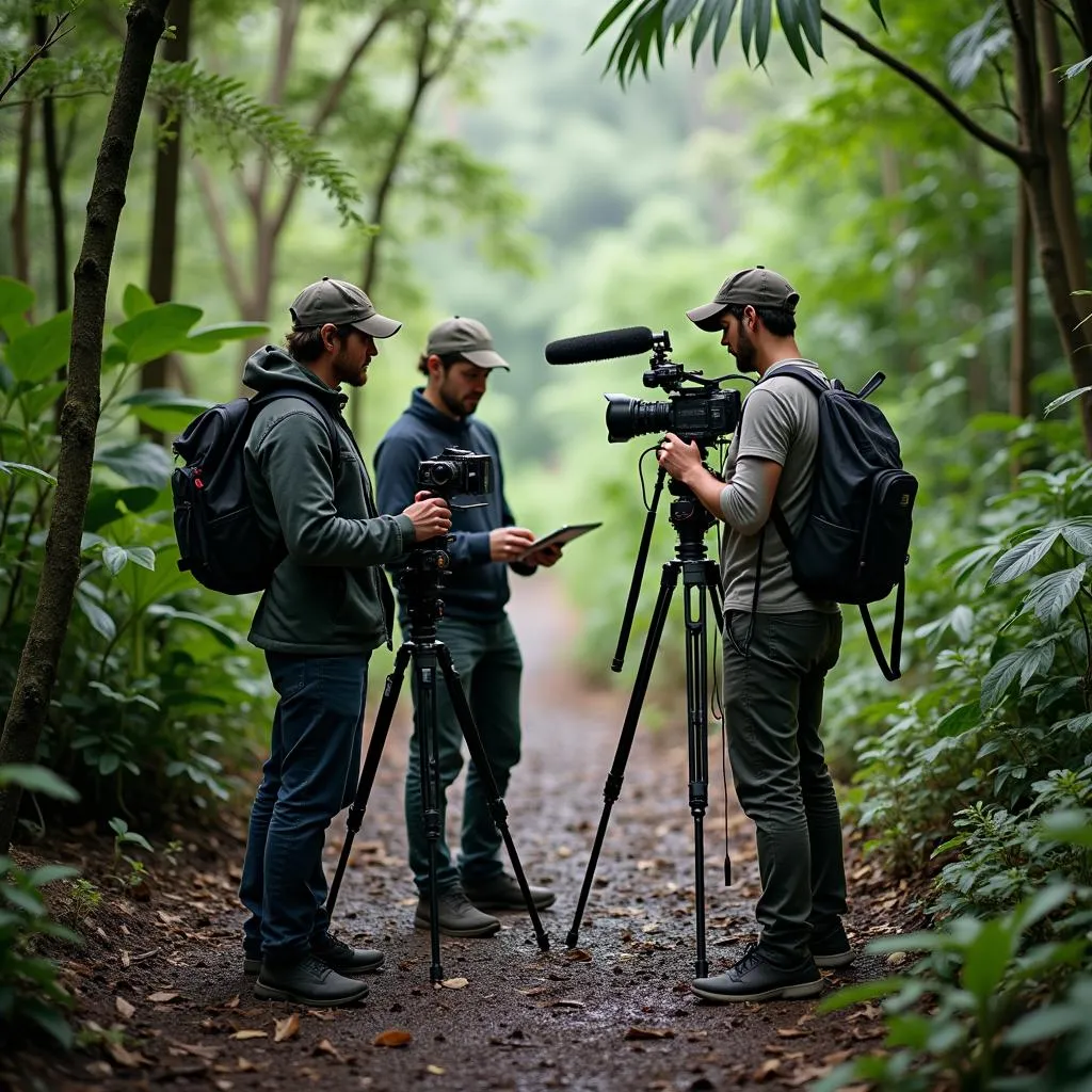 Nature documentary film crew in action