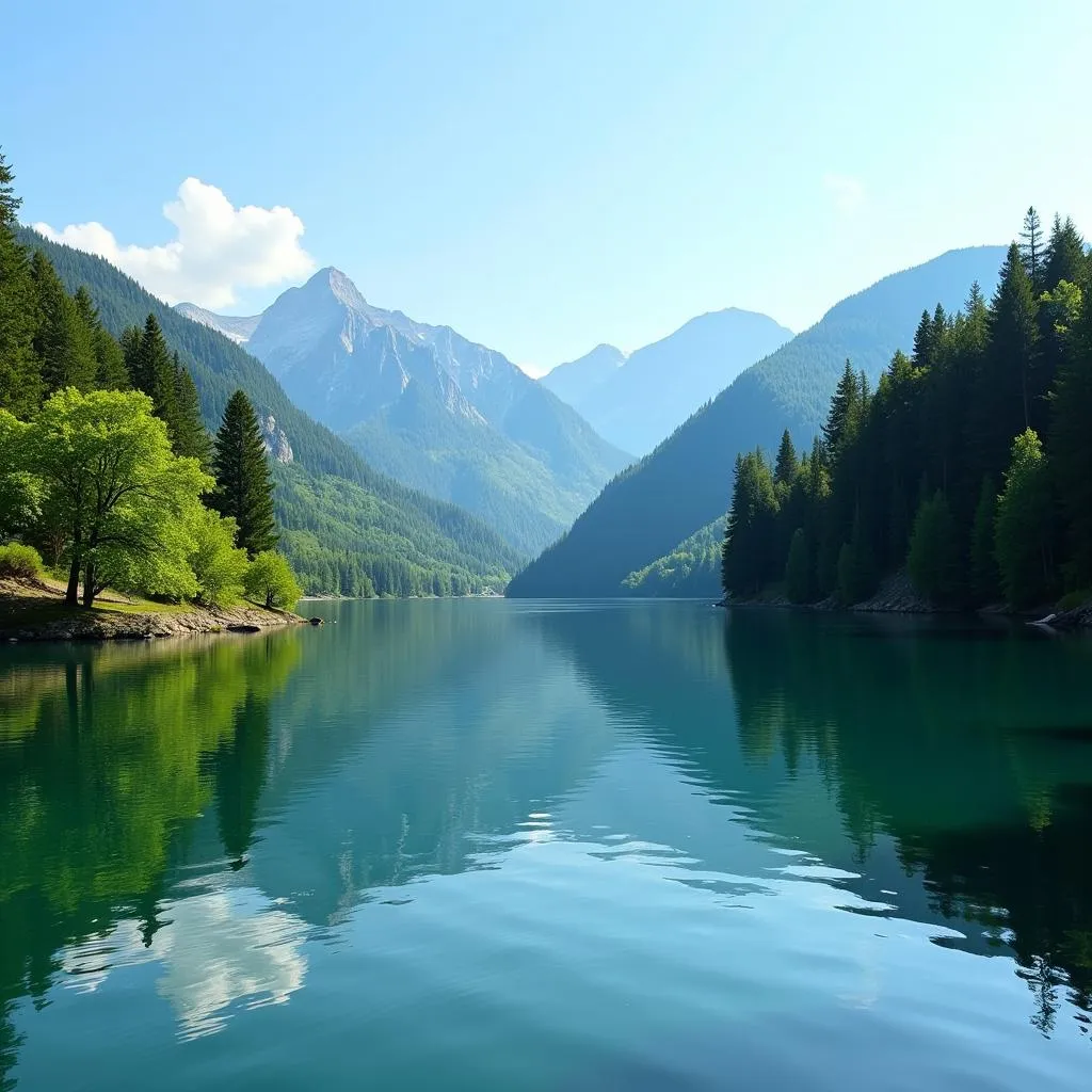 Peaceful lake surrounded by trees