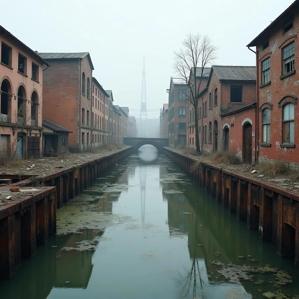 Deserted industrial waterfront with polluted water