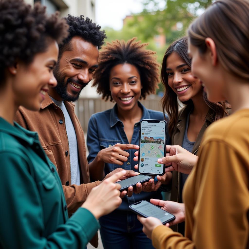 Neighbors using a community app on smartphones