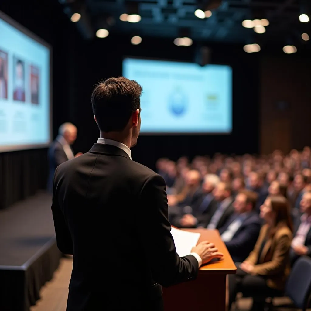 Nervous presenter giving speech at conference