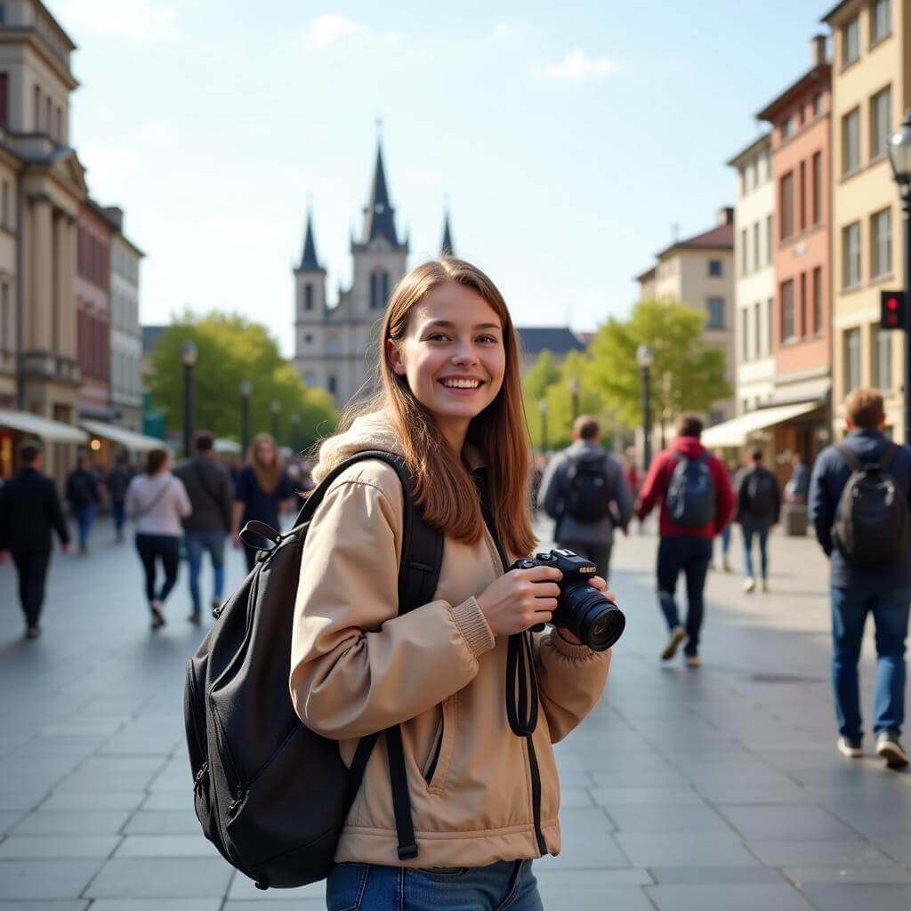 Excited traveler exploring new city