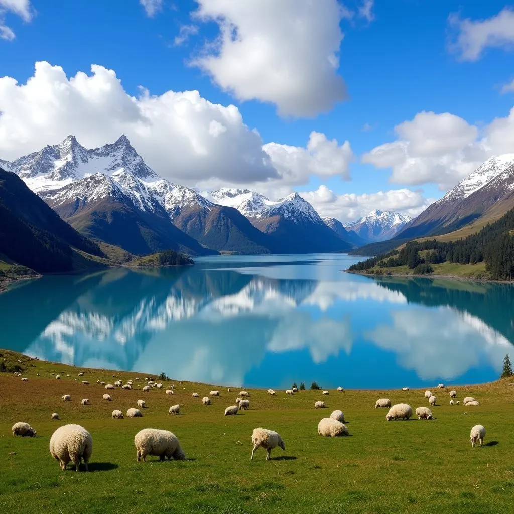 Scenic New Zealand landscape with mountains and lake