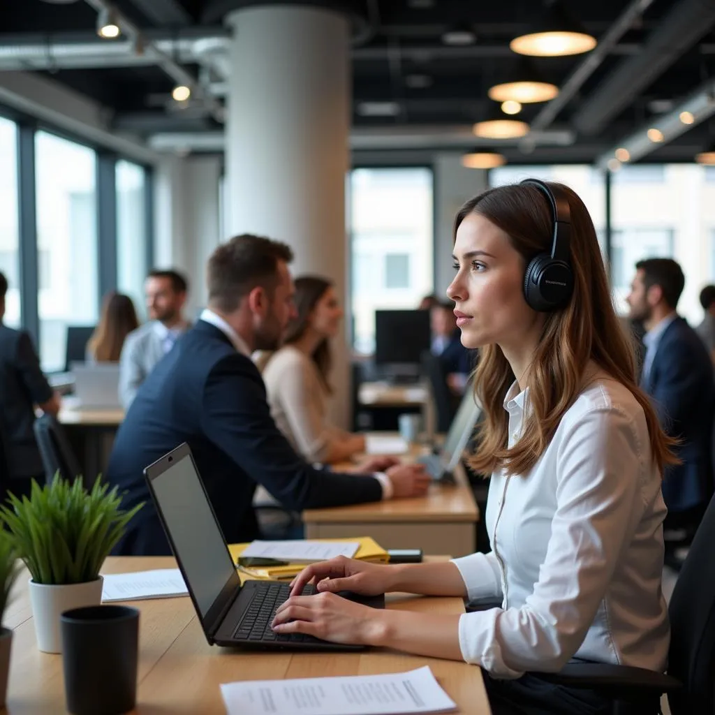 Person using noise-cancelling headphones in a busy office