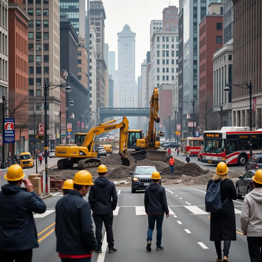 Construction site causing noise pollution on a busy city street